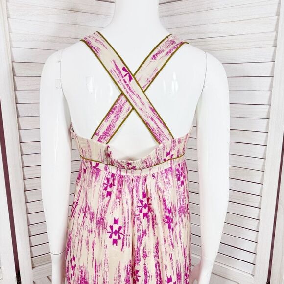 Loft Silk Ikat Tribal Print Maxi Dress Sundress Pink Cream Size 2 - Picture 9 of 15